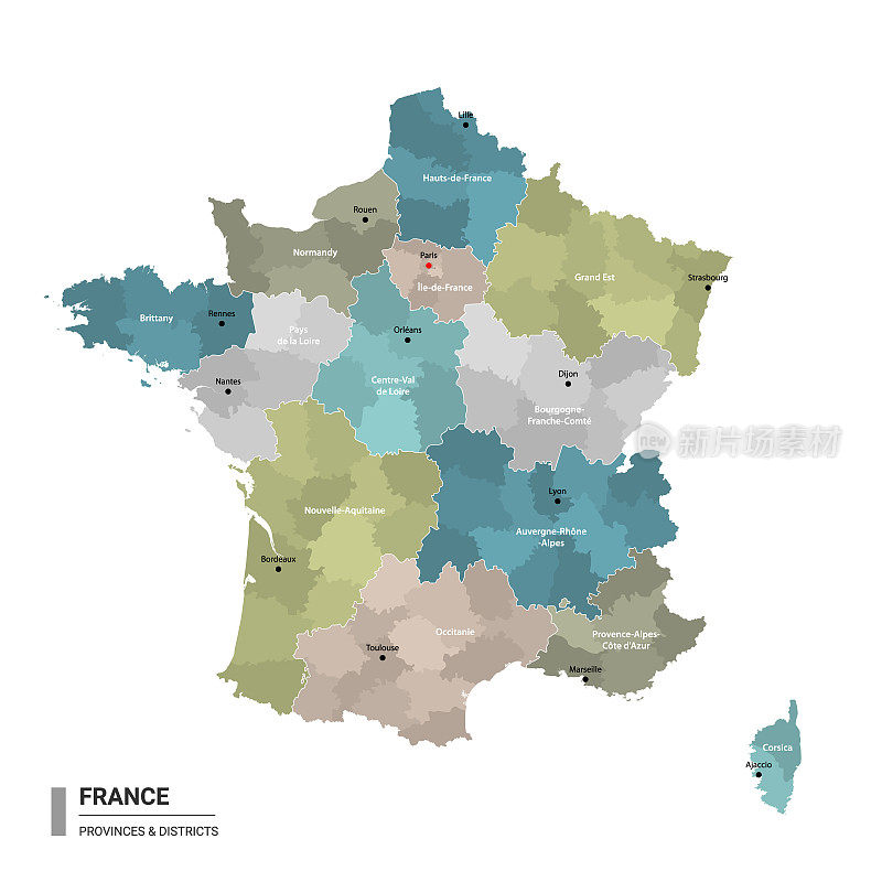 法国高详细地图与细分。法国行政地图与地区和城市名称，颜色由州和行政区域。矢量插图。