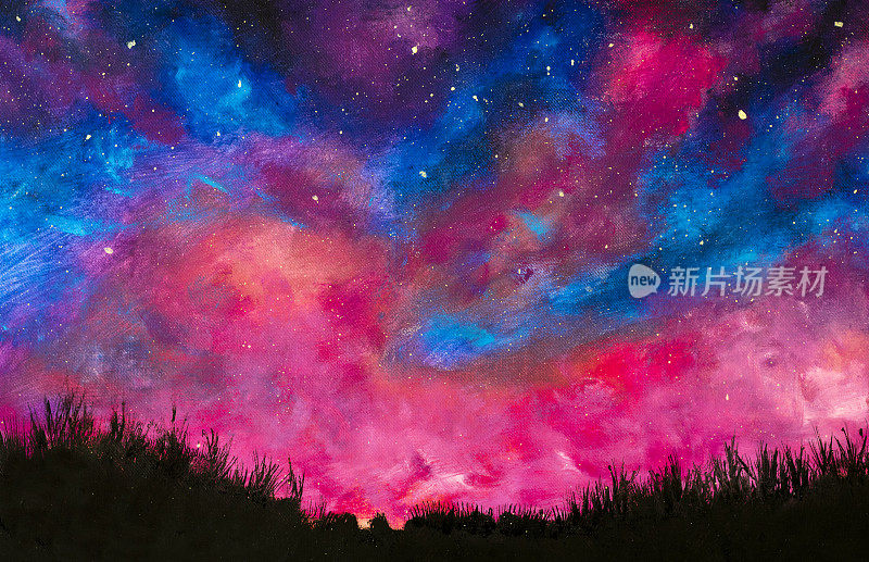 手绘背景油画丙烯在画布上美丽的夜景与蓝色紫色星空在黑草的背景