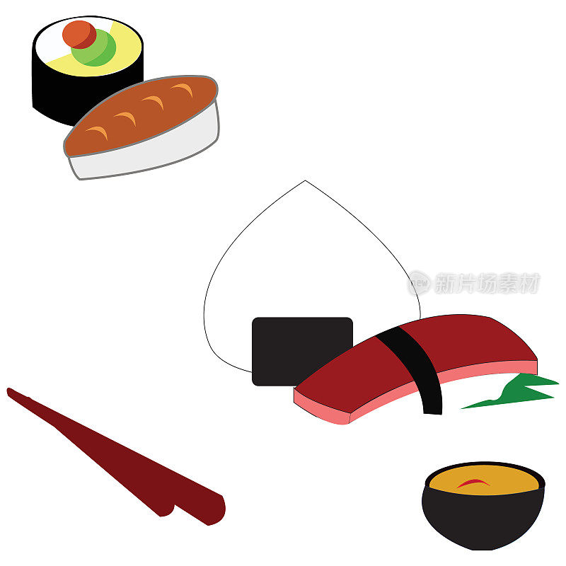 简单的插画设计，传统的日本食物集与当地的主题