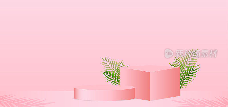 矢量插图的粉红色舞台讲台模拟与绿色的叶子元素的产品显示。3D和现实的背景。向量可编辑