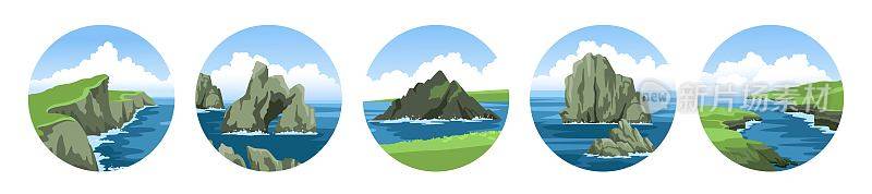 一套圆形的海矢量插图的风景与岩石，悬崖，山脉，石头和白云蓝天。