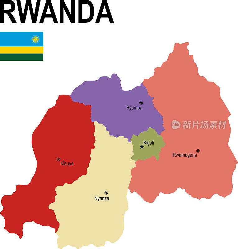 卢旺达彩色平面地图与旗帜