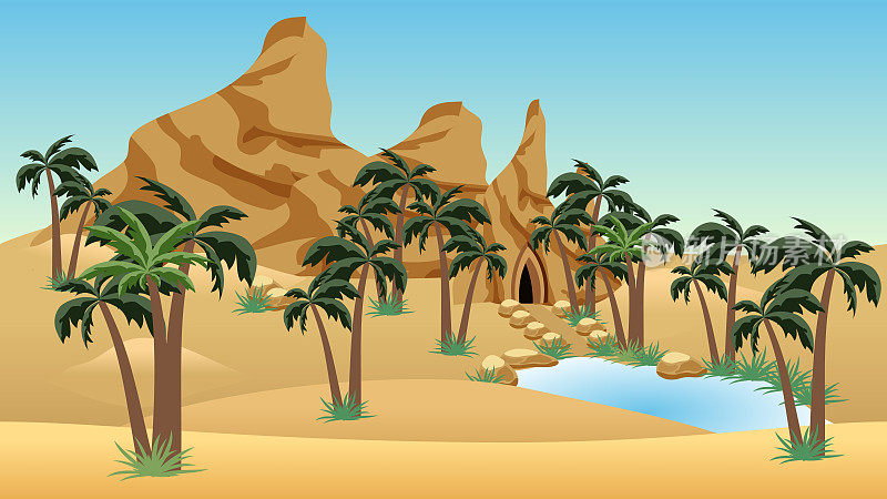 沙漠景观场景与绿洲为卡通或游戏背景