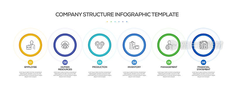 公司结构相关流程信息图表模板。过程时间图。带有线性图标的工作流布局