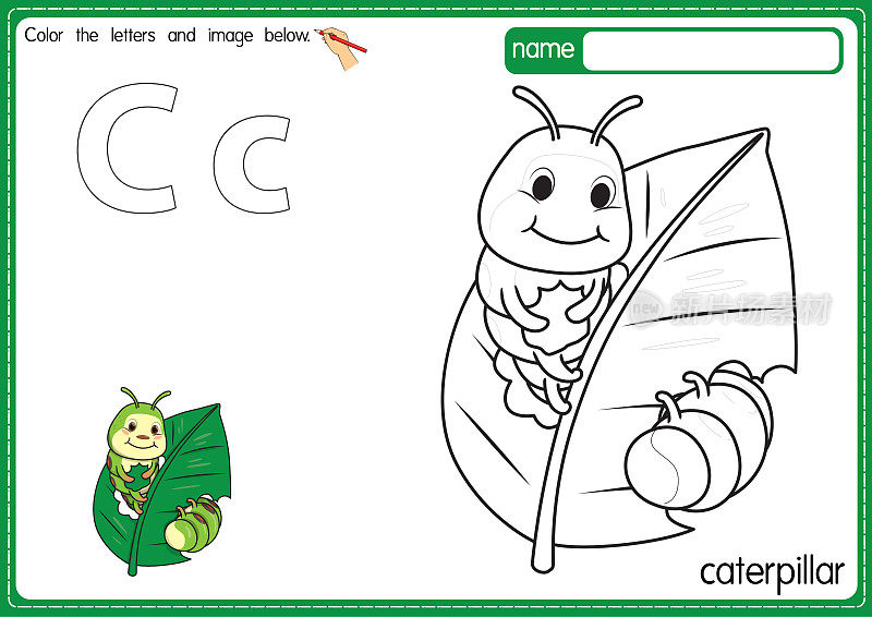 矢量插图的儿童字母着色书页与概述剪贴画，以颜色。字母C代表卡特彼勒。