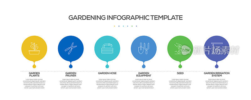 园艺相关过程信息图表模板。过程时间图。带有线性图标的工作流布局