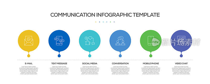 沟通相关过程信息图表模板。过程时间图。带有线性图标的工作流布局