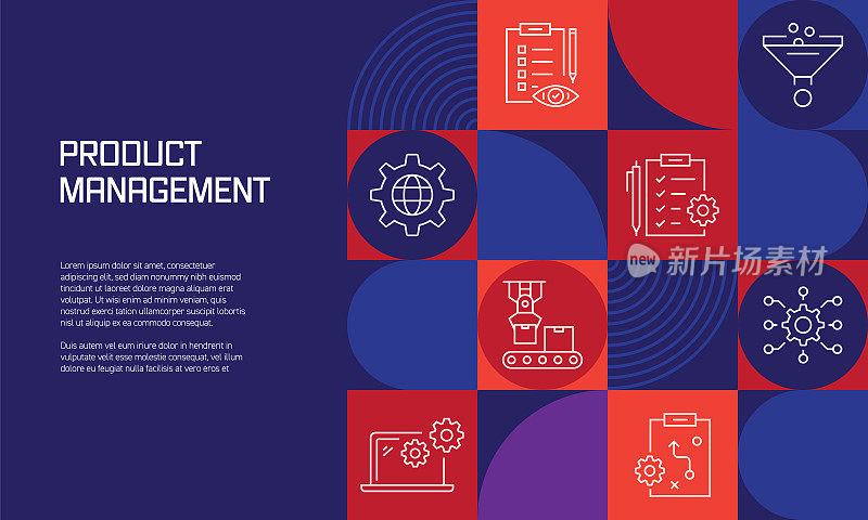 与线条图标相关的产品管理设计。简单的轮廓符号图标。