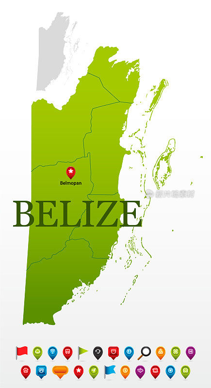 伯利兹绿色地图与可编辑的地区和导航图标
