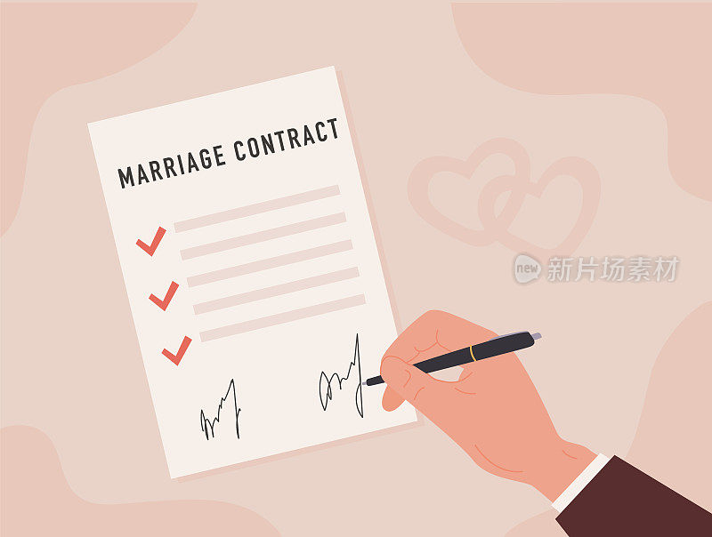 一个人手拿笔签婚约的平面风格插图。婚前协议签署证书。有对号和签名的婚姻协议。离婚文件。矢量插图。