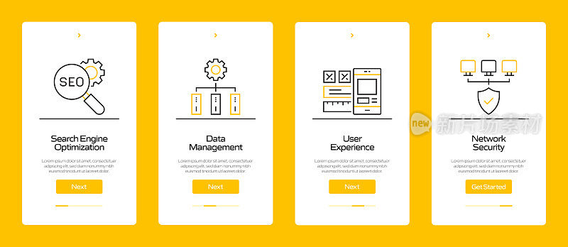 搜索引擎优化概念Onboarding移动应用程序页面屏幕与平面图标。UI设计模板矢量插图