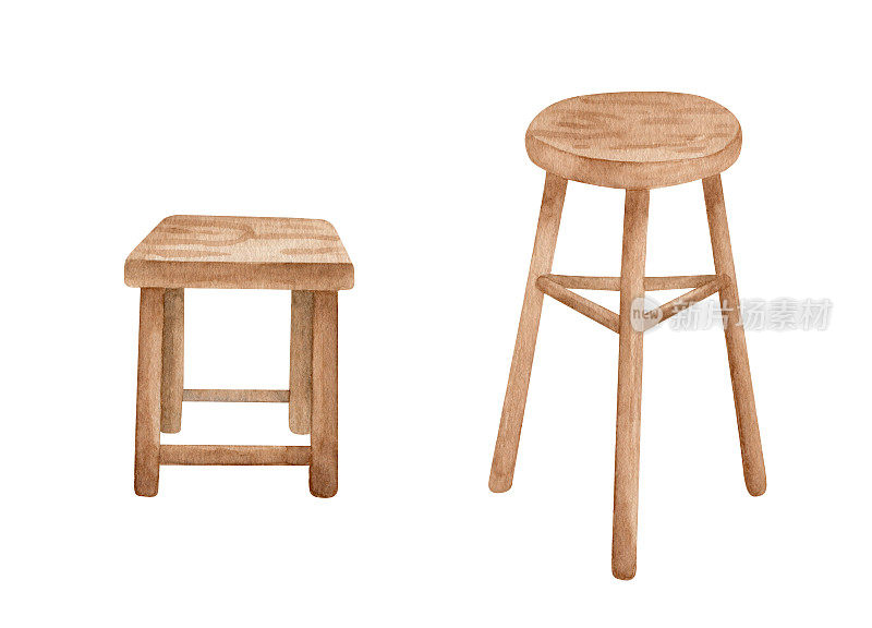 水彩木椅套装。手绘经典厨房凳子孤立在白色背景。木制家具绘画。家庭室内设计草图，餐厅设计。