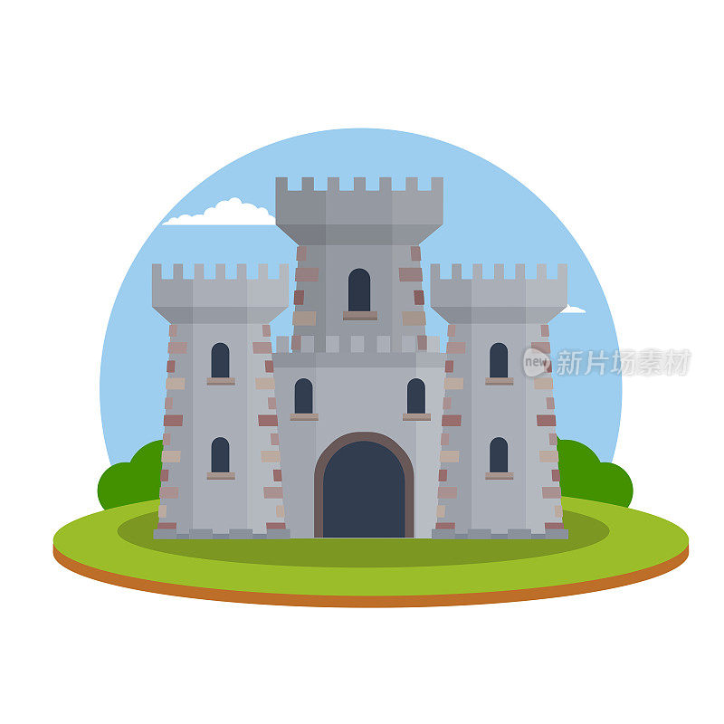 有塔有墙的城堡。国防建设。中世纪的欧洲建筑。骑士和国王的家。保护和安全。应用和游戏的扁平图标