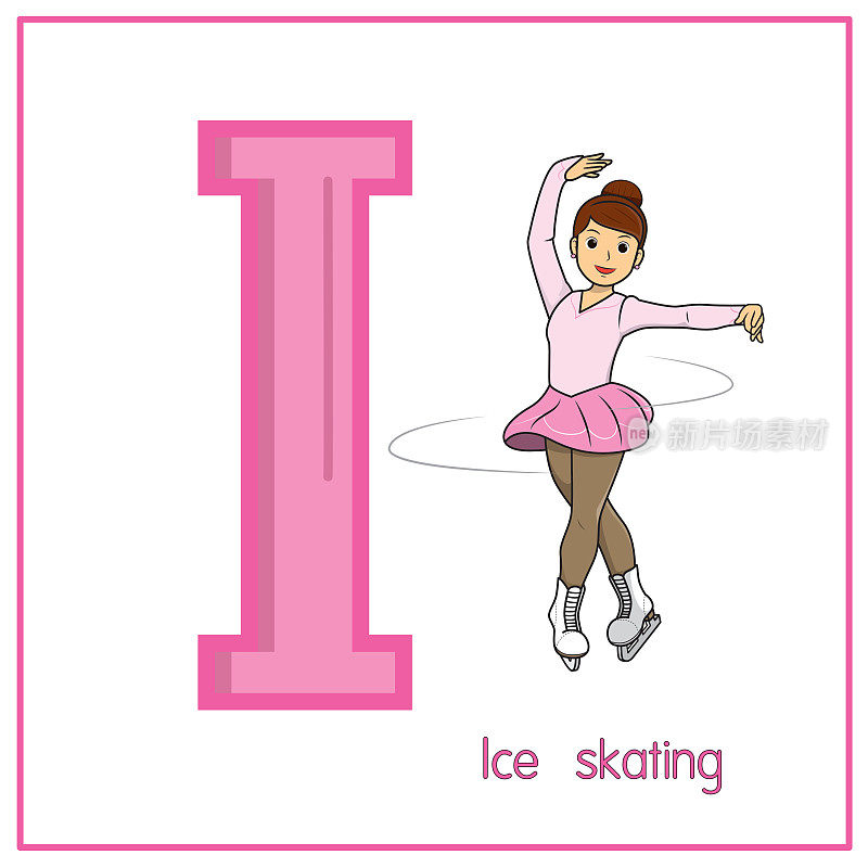 矢量说明滑冰与字母I大写字母或大写字母的儿童学习练习ABC