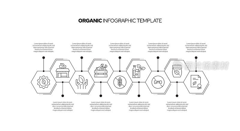 有机概念矢量线信息图形设计图标。9选项或步骤的介绍，横幅，工作流程布局，流程图等。