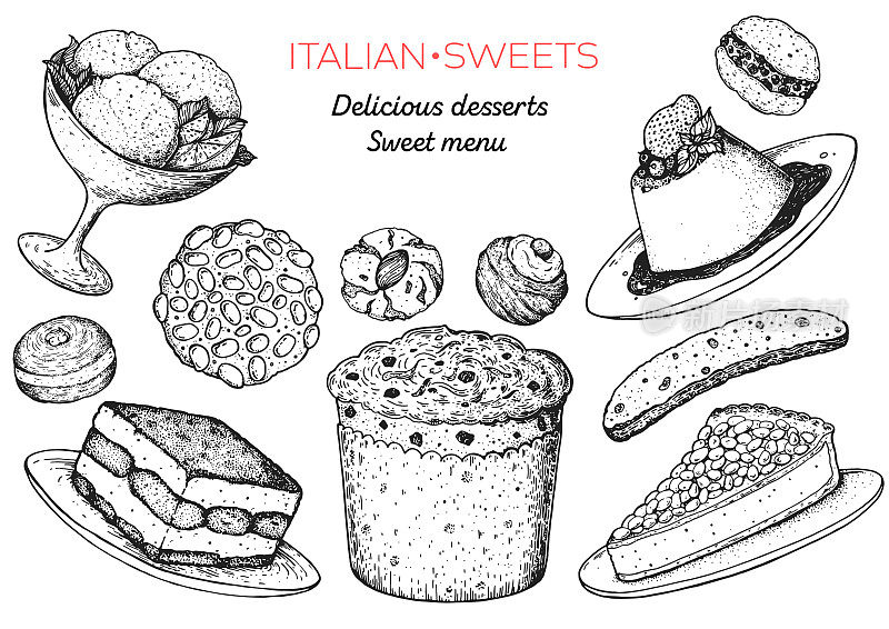 意大利甜点矢量插图。意大利美食手绘草图。复古设计模板。意式冰淇淋，提拉米苏，皮格诺里，潘妮托妮，奶油蛋糕，意大利杏仁饼，意大利脆饼，意式奶冻。