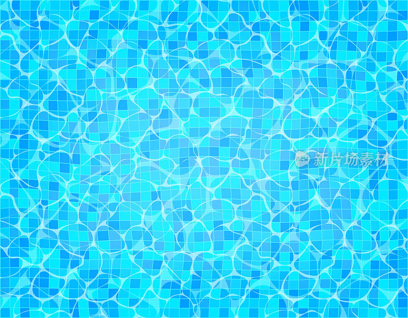 向量游泳池与蓝色瓷砖的底部和腐蚀性涟漪的水。顶视图插图。