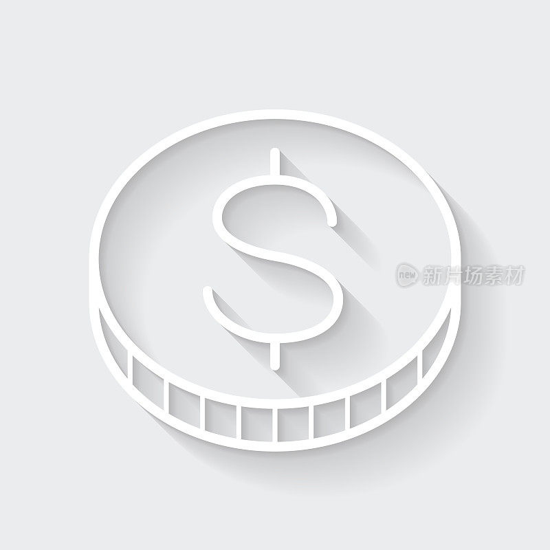 美元硬币。图标与空白背景上的长阴影-平面设计