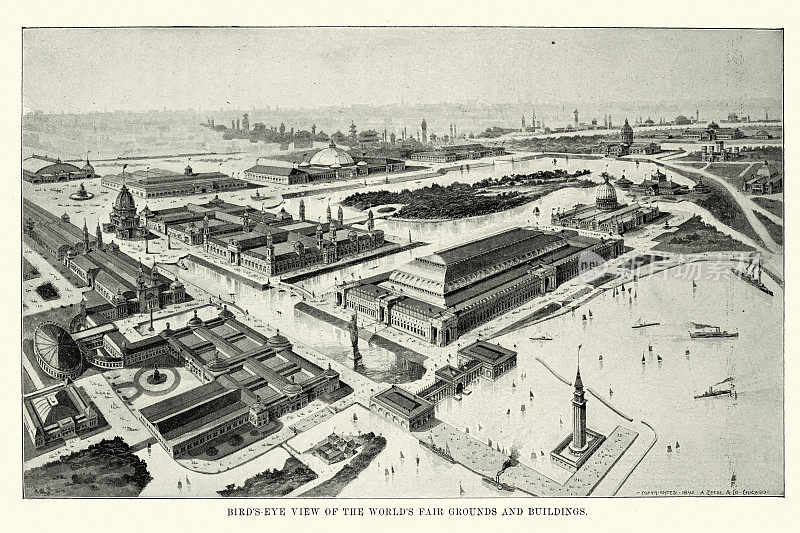 鸟瞰世界哥伦比亚博览会，芝加哥博览会，1893年，19世纪