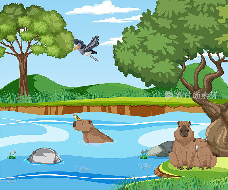 许多动物在河边