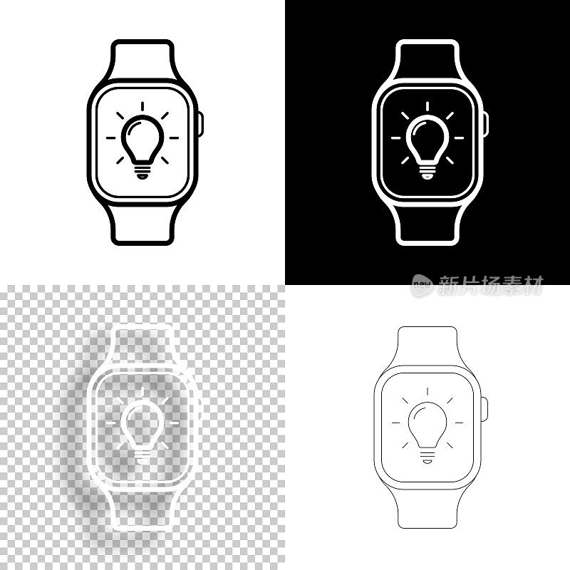 带灯泡的智能手表。图标设计。空白，白色和黑色背景-线图标