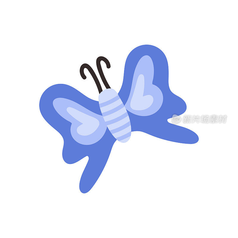 可爱幼稚的蝴蝶与紫色的翅膀孤立在白色的背景。卡通矢量插图。小蝴蝶飞。