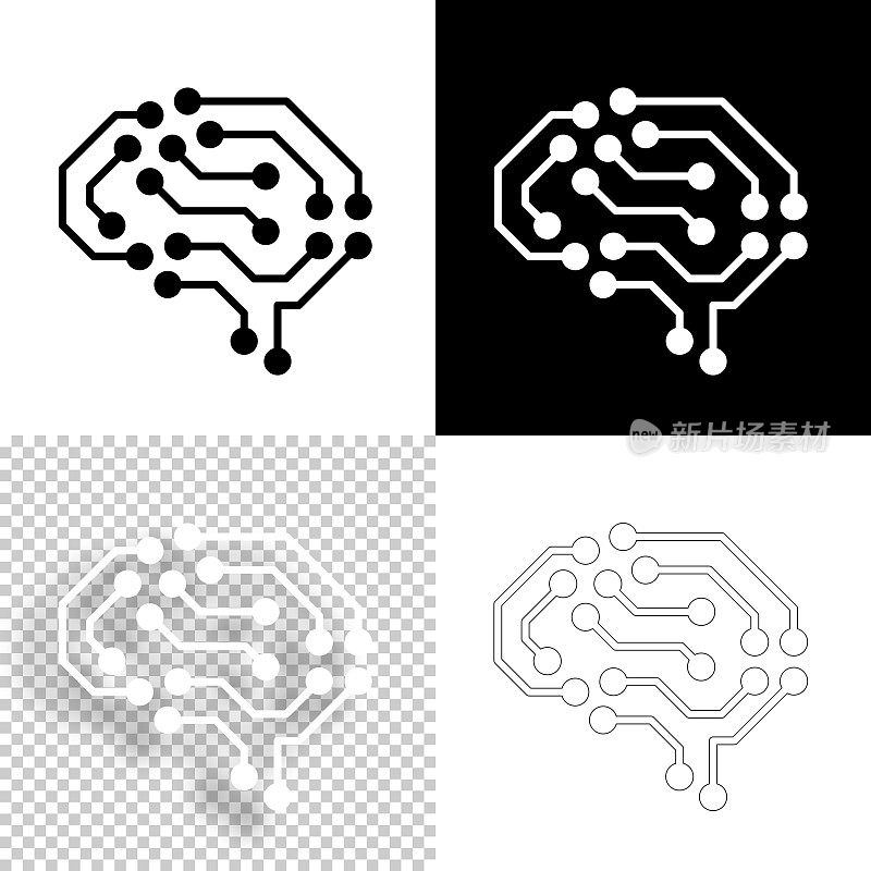 人工智能大脑与电路板。图标设计。空白，白色和黑色背景-线图标