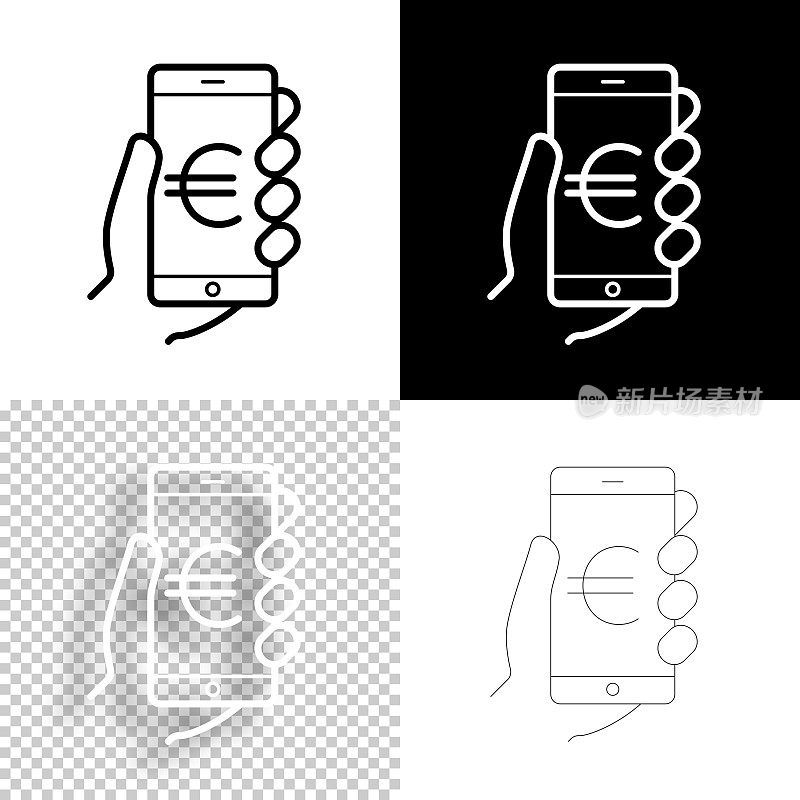 带有欧元标志的智能手机。图标设计。空白，白色和黑色背景-线图标