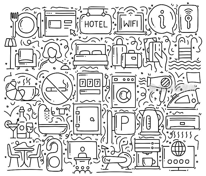 酒店服务相关的对象和元素。手绘矢量涂鸦插图集合。手绘图案设计