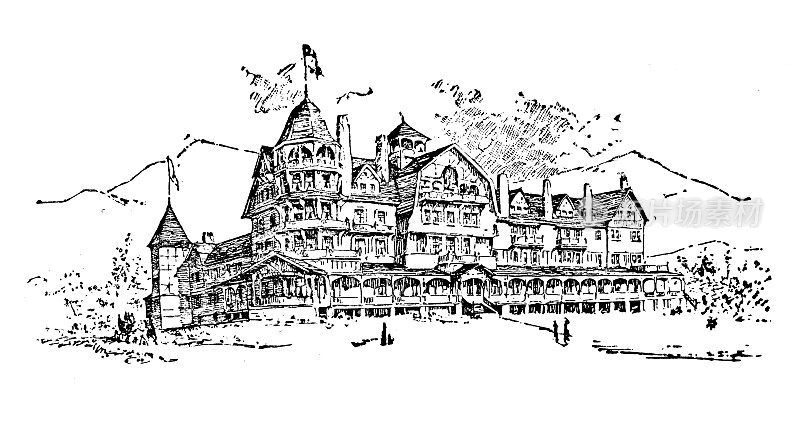 古董插图美国，北卡罗莱纳州的地标和公司:阿什维尔，炮台公园酒店