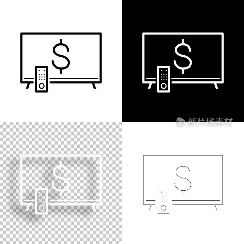 有美元符号的电视。图标设计。空白，白色和黑色背景-线图标