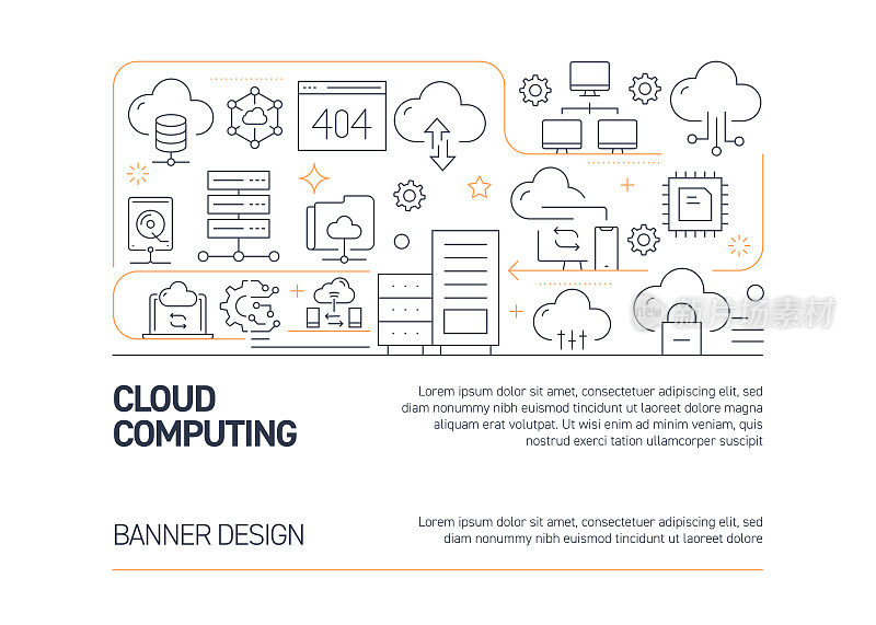 云计算相关的矢量横幅设计概念，现代线条风格与图标