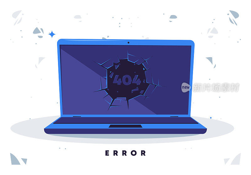 矢量插图一台打开的笔记本电脑，屏幕上的显示器屏幕中央有破碎的玻璃，错误404