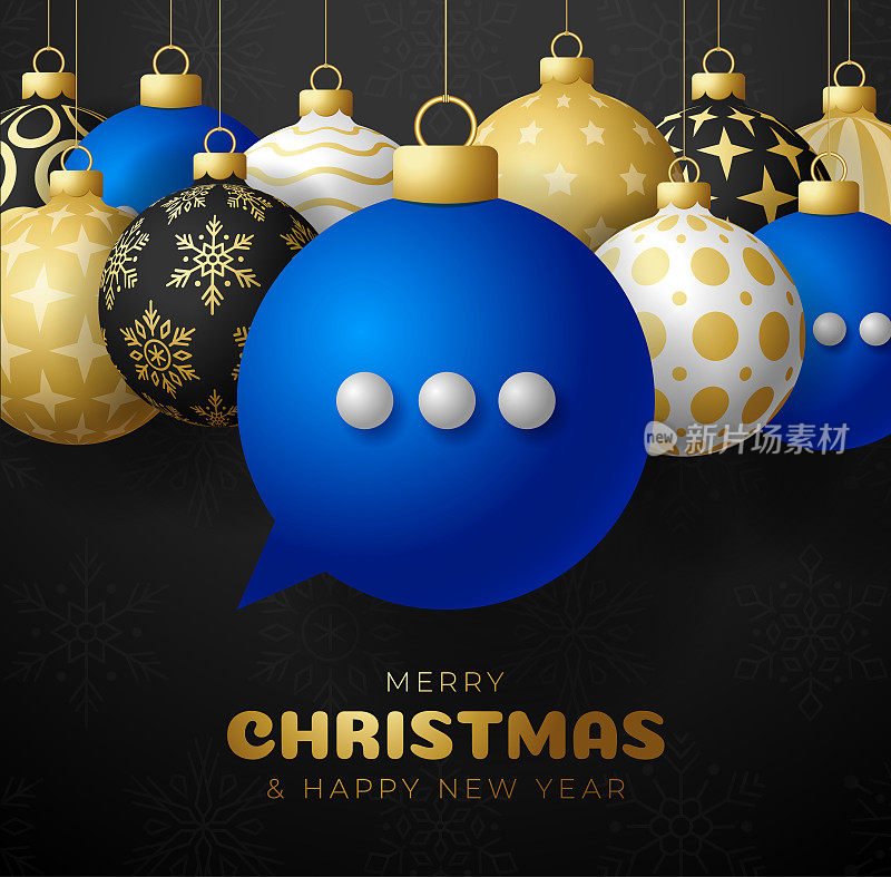 聊天的圣诞贺卡。圣诞快乐讲贺卡套。挂在一个线蓝色的聊天泡泡作为一个圣诞球小玩意在黑色的背景。交流矢量插图。
