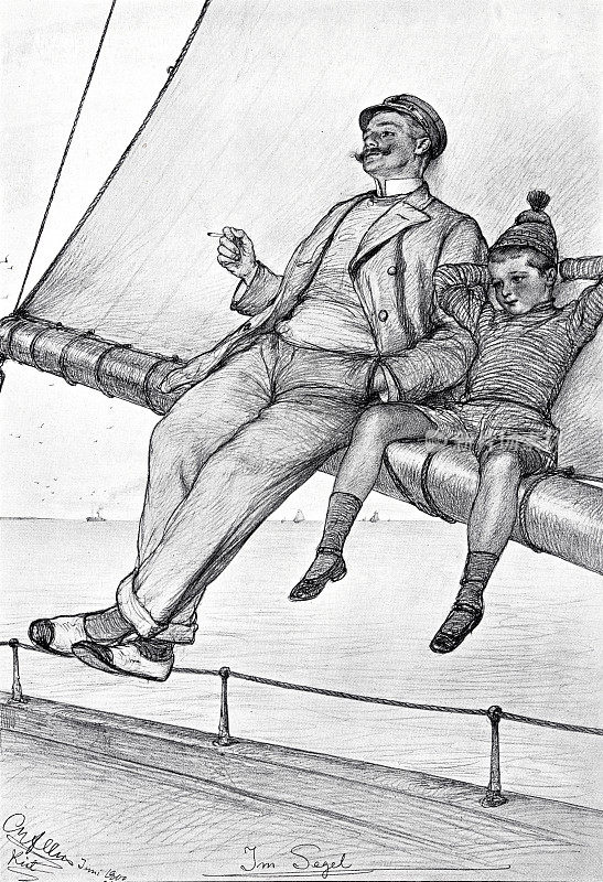 德国海军，父子俩在帆下放松