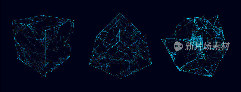 从不同侧面变形的线框立方体。矢量抽象几何三维对象。技术区块链网络连接。