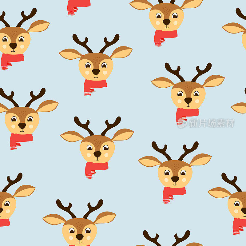 可爱的鹿头与红领巾无缝图案。