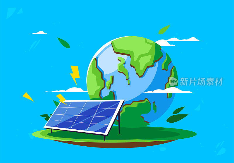 矢量插图太阳能电池板的背景是绿叶，地球，环境保护