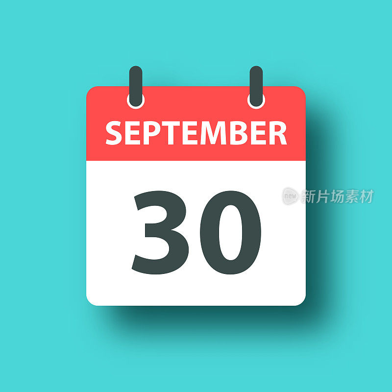 9月30日-日常日历图标上的蓝色绿色背景与阴影