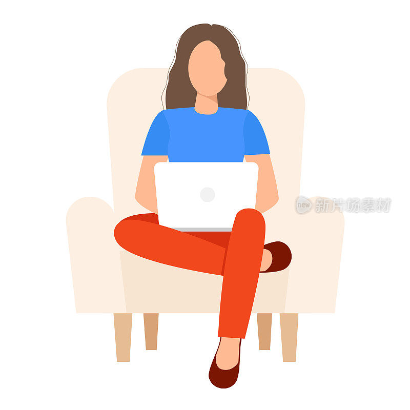 这个女孩坐在椅子上，在笔记本电脑上工作。家庭办公室。在家工作或自由职业。年轻女子在家学习。自由职业者的生活方式。家庭教育。矢量图