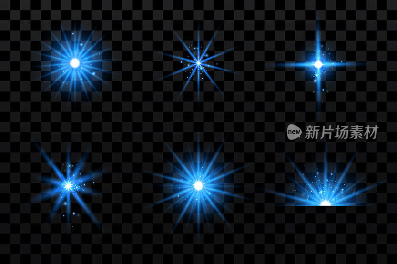 发光效果。蓝色发光粒子，恒星。矢量插图。