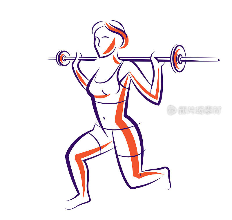 推杠铃健身房和健身矢量插图的年轻迷人的女人做锻炼练习杠铃，完美的肌肉运动身体年轻成人女孩的运动训练。
