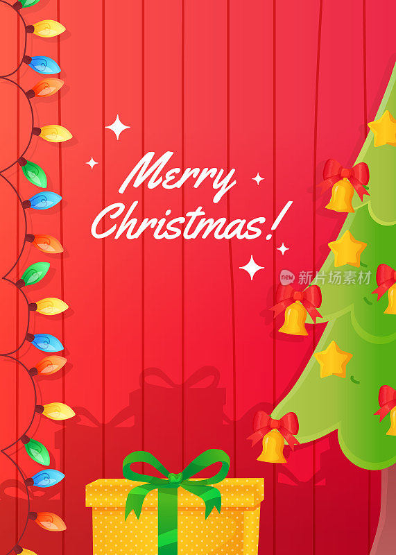 红色圣诞贺卡与圣诞树和礼物和花环风格的插图。