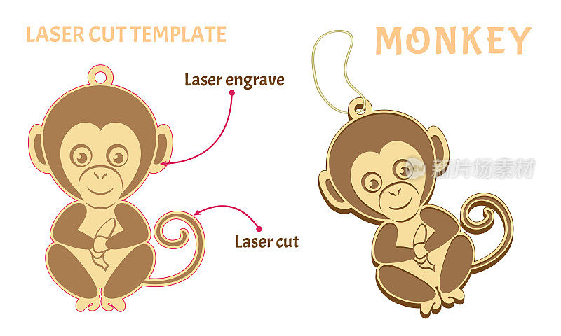 猴子。模板用于激光切割和雕刻。胶合板做的玩具。中国新年生肖。矢量插图在一个简单的风格孤立的白色。