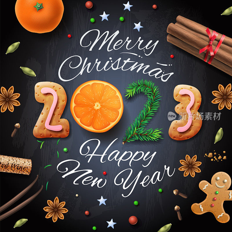 2023年圣诞设计，饼干，香料肉桂，八角，香草，橘子