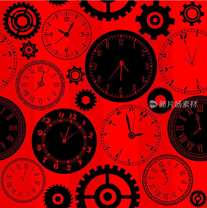 平面风格的时间概念。时钟面与齿轮机构在抽象的颜色背景。