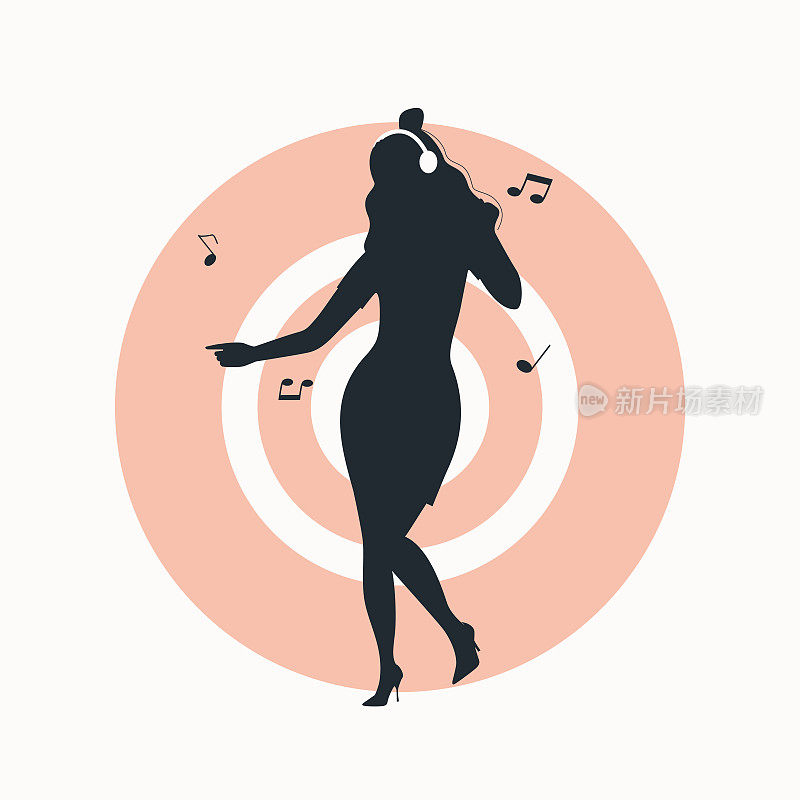 概念女人通过耳机听音乐和跳舞。