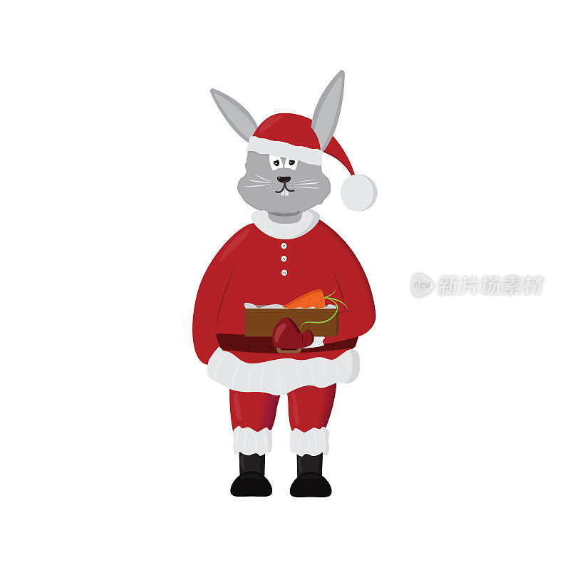 圣诞兔子打扮成圣诞老人，白色背景上有一个小盒子的礼物