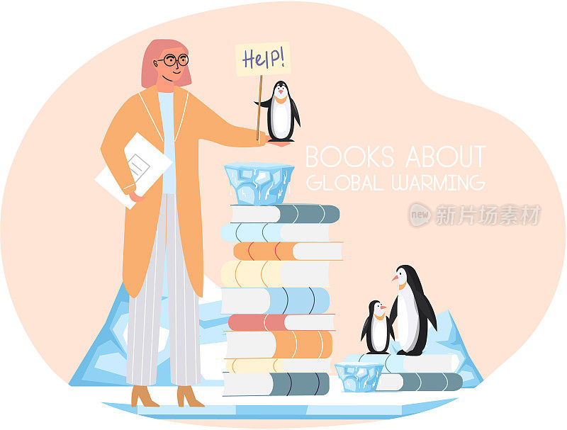 一名妇女靠近一堆关于全球变暖，北极气候变化的书籍