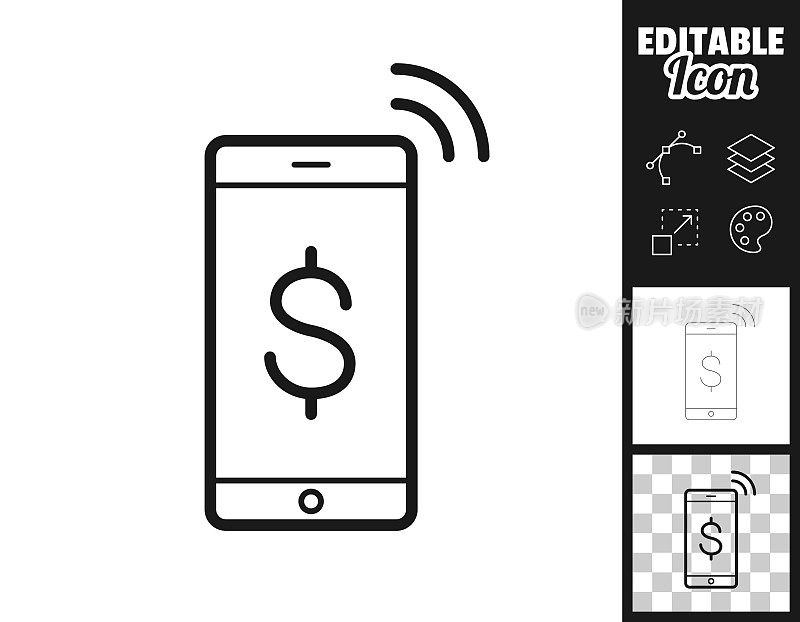美元符号移动支付。图标设计。轻松地编辑